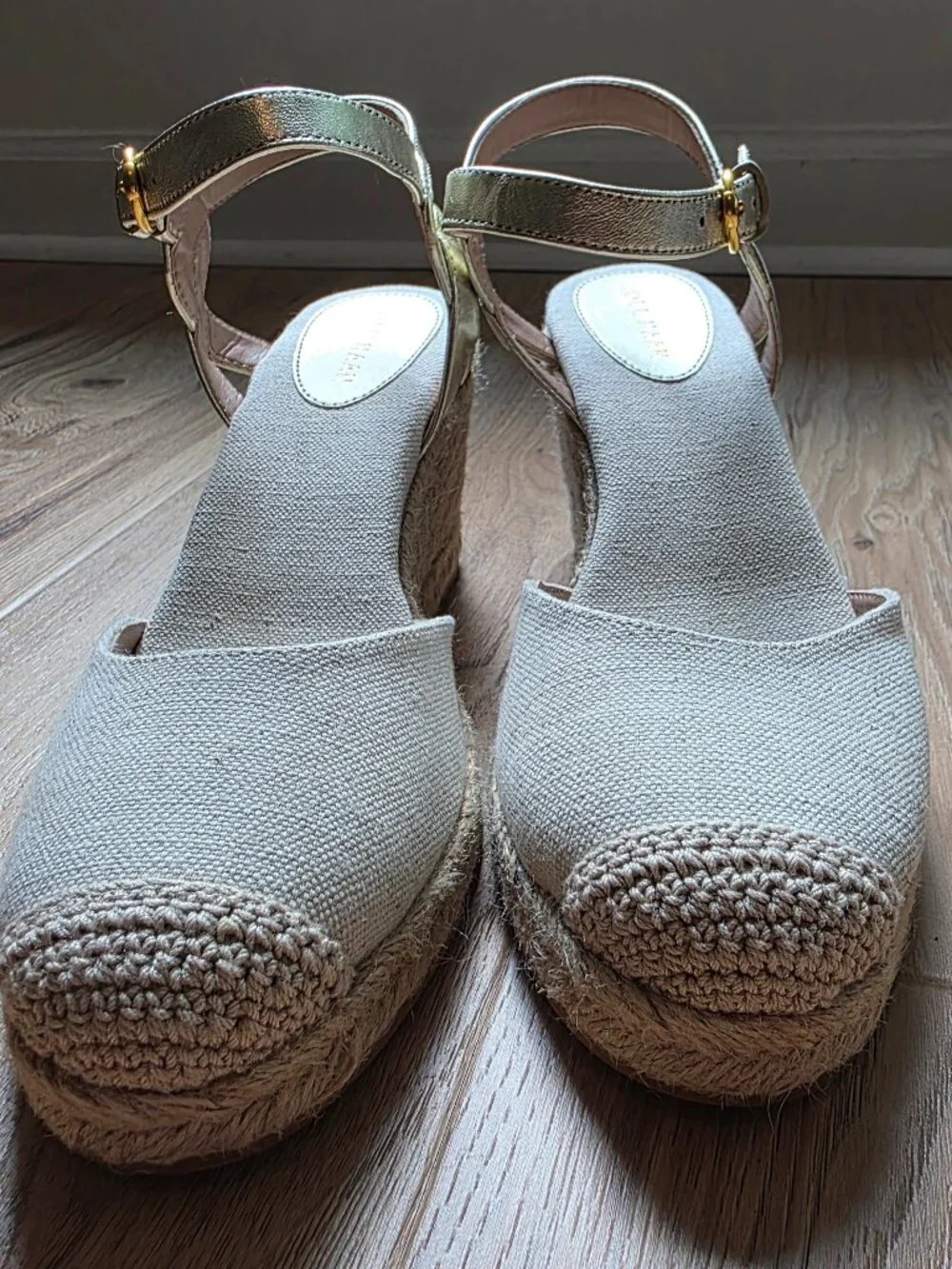 Cole Haan Grand.ØS Linen Espadrille Wedge Sandals Gold Ankle Strap 9.5